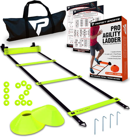 Pro Agility Ladder and Cones - Speed and Agility Training Set with 15 Ft Fixed-Rung Ladder & 12 Cones for Soccer, Football, Sports, Exercise, Workout, Footwork Drills - Includes Heavy Duty Carry Bag